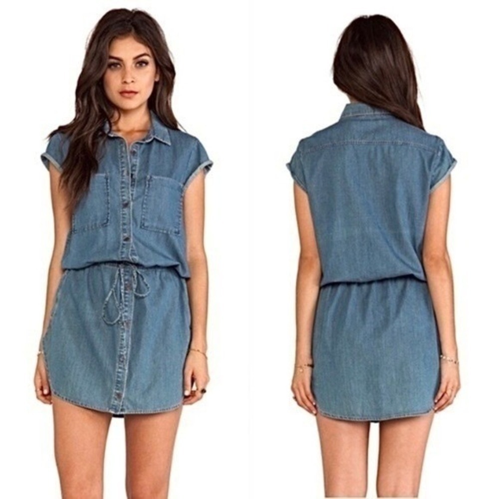 PAIGE Flyer Denim Short Sleeve Drawstring Waist Mini Shirtdress Size M - Picture 15 of 15